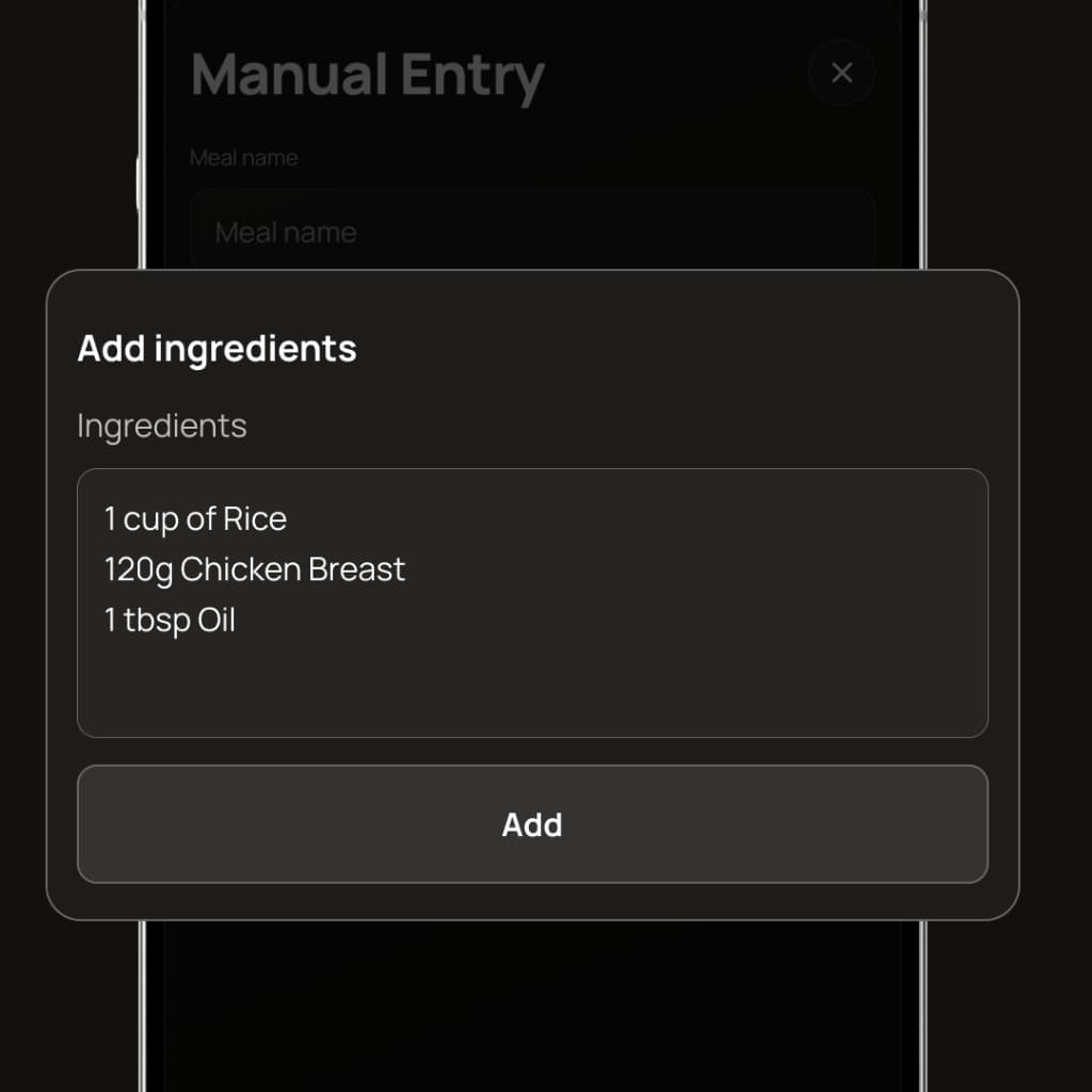 Add ingredients screen with rice, chicken, and oil