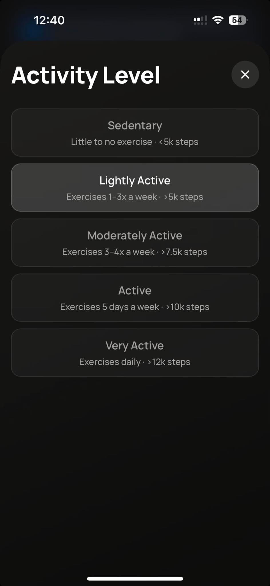 Activity level selection screen