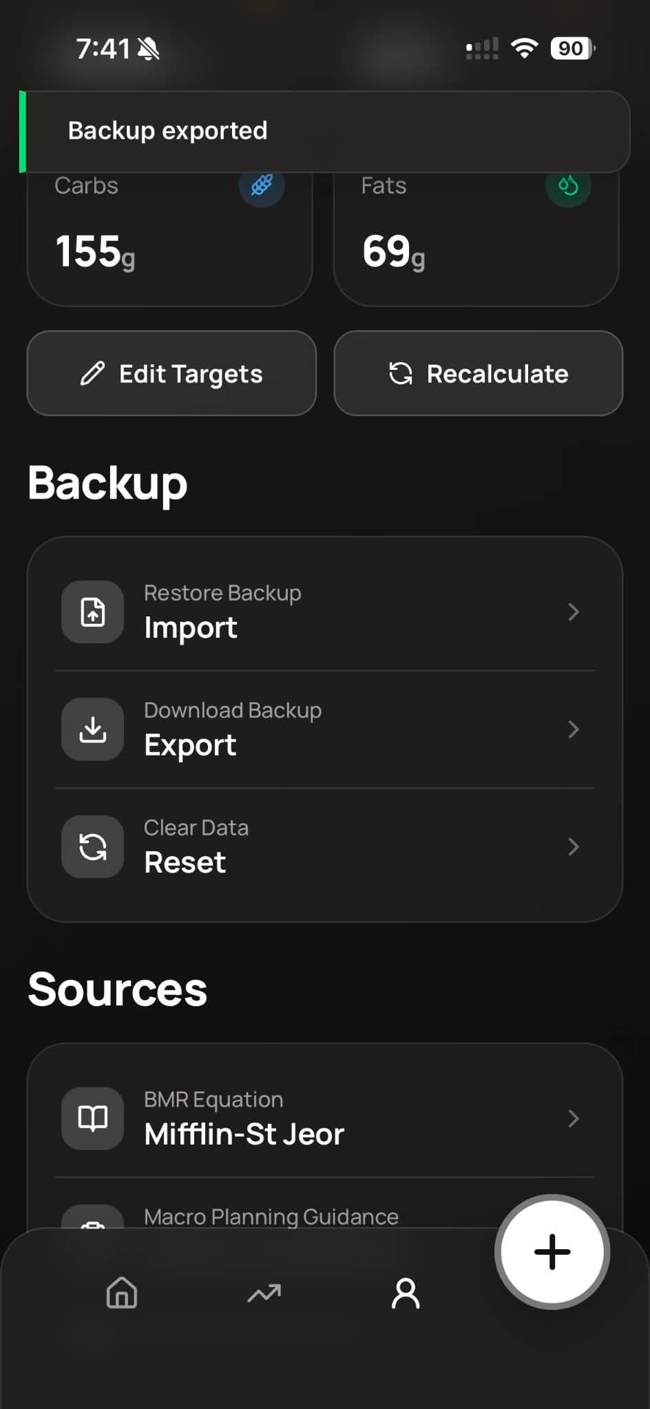 Backup and import screen