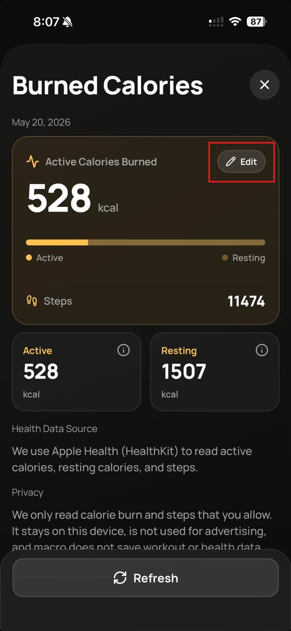 Manually edit burned calories
