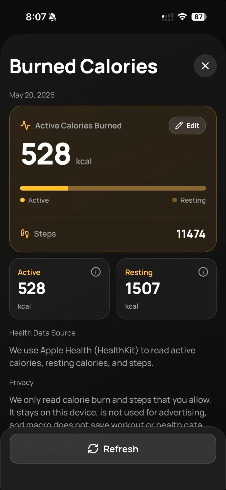 Burned calories screen