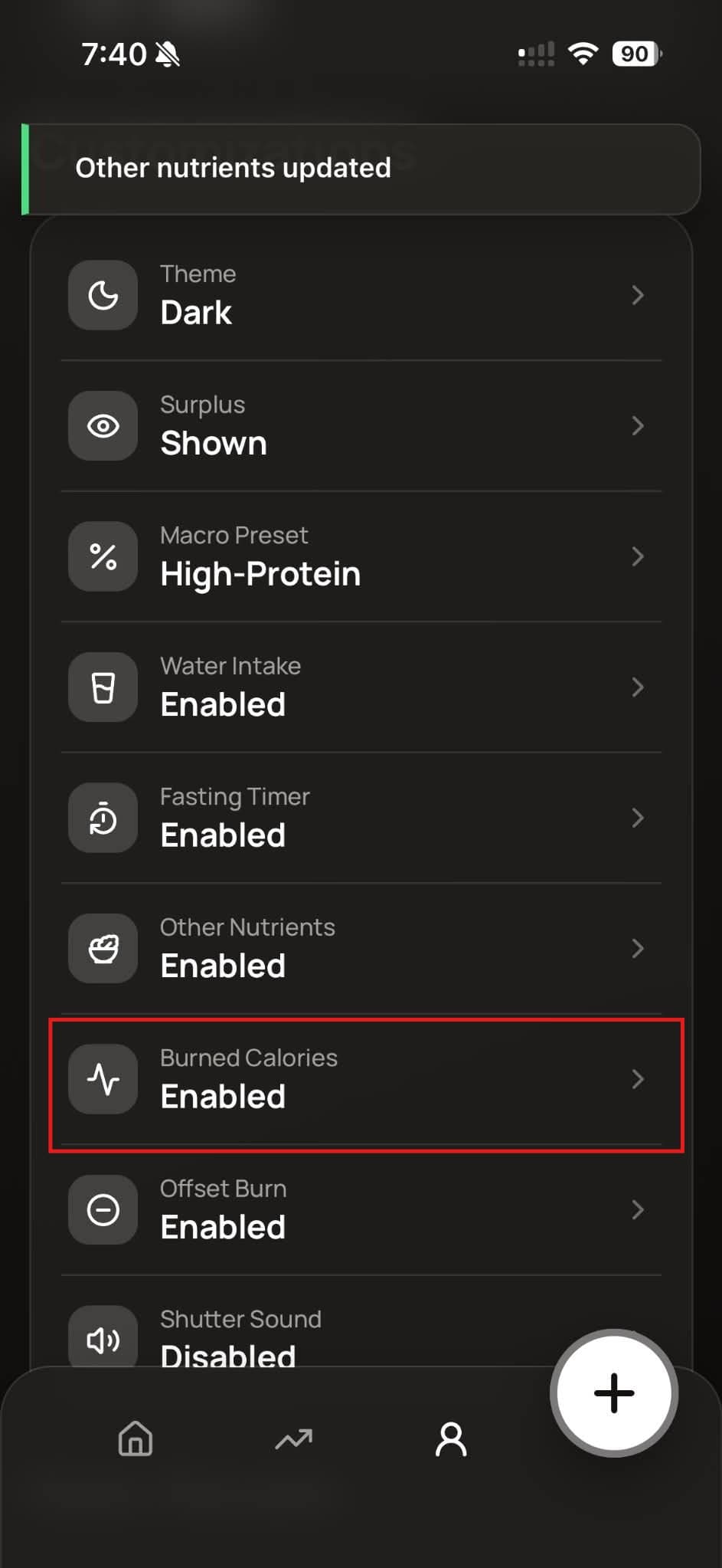 Burned calories customization settings