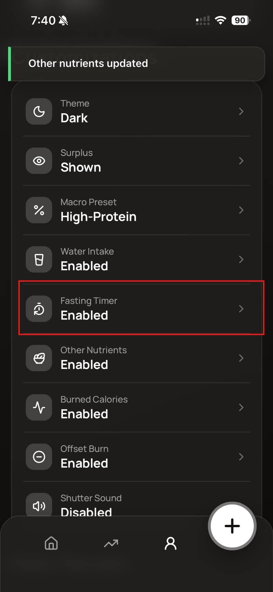 Fasting timer customization