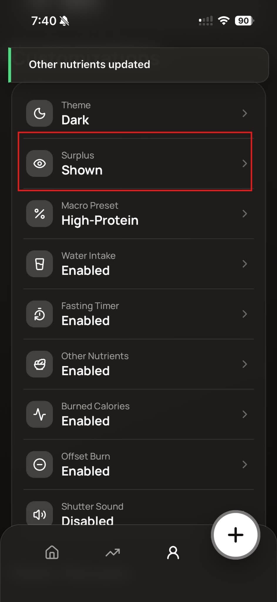 Surplus customization toggle