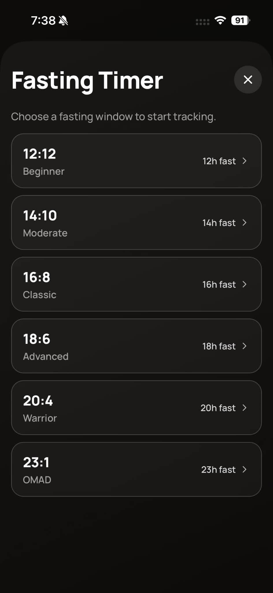 Fasting timer preset options