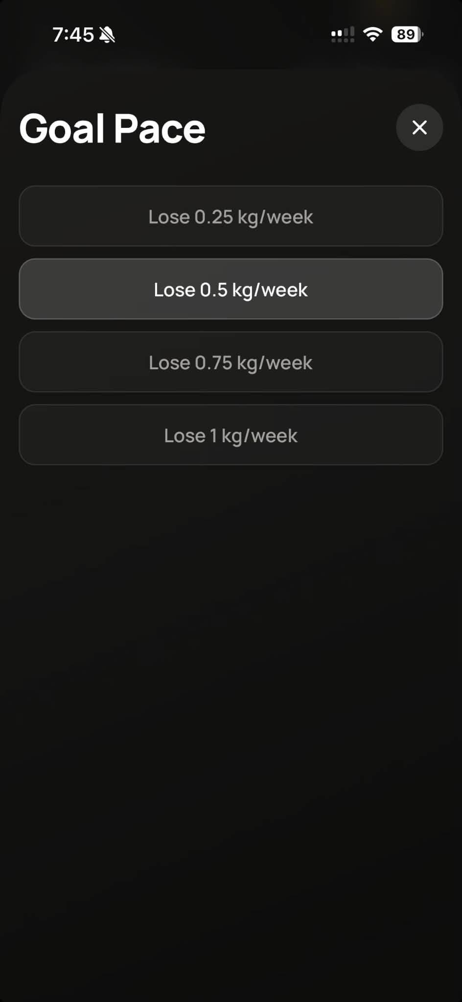 Goal pace selection screen