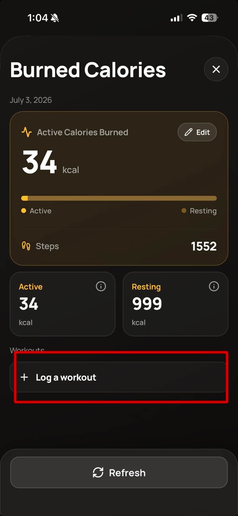 Log a Workout button