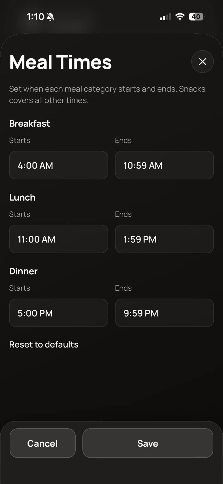 Meal category time range settings