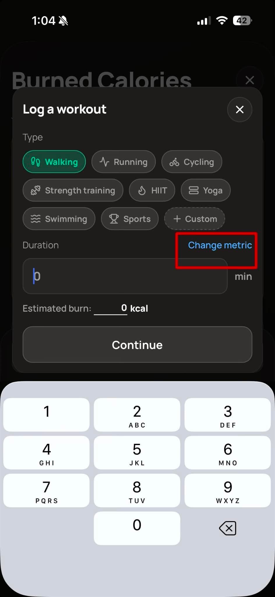 Change Metric button for walking or running