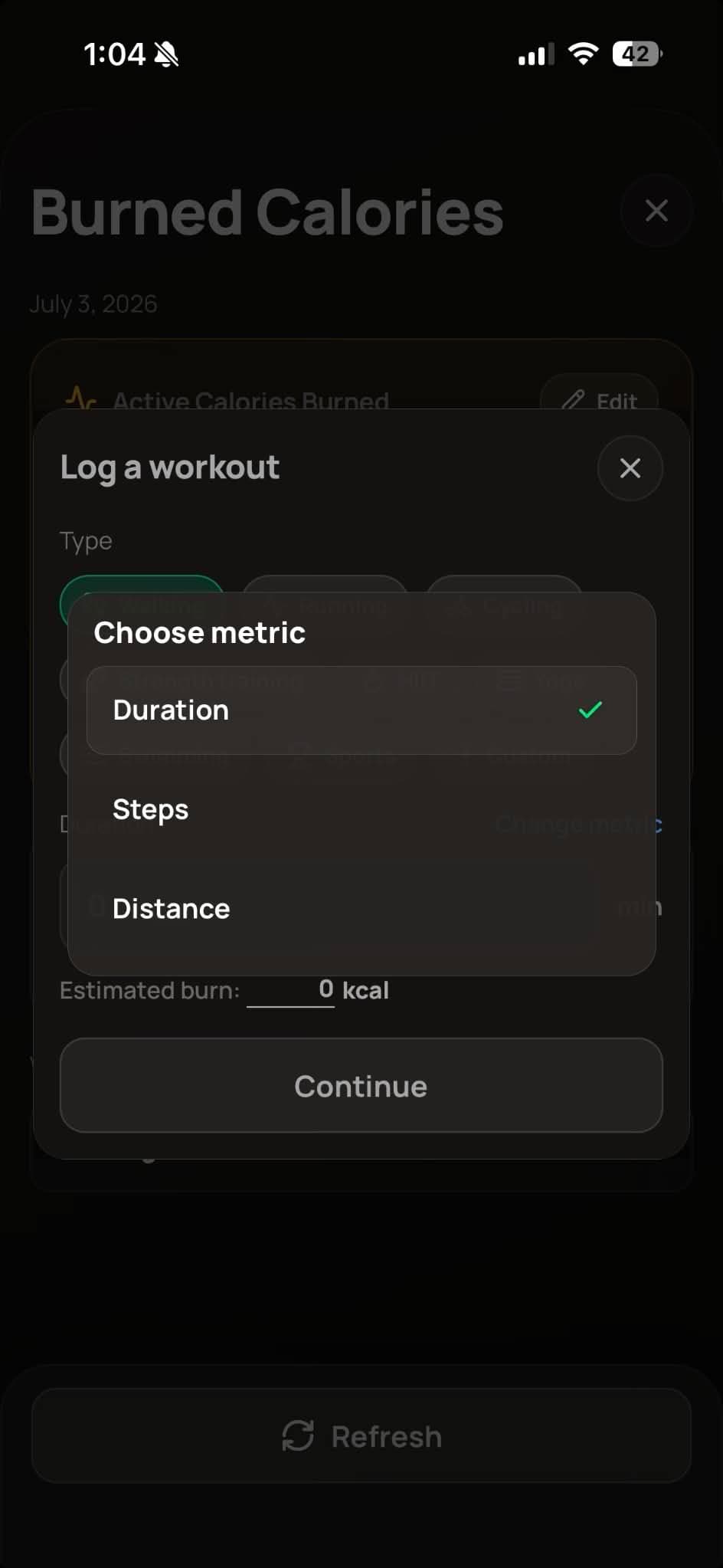 Metric options: minutes, steps, distance
