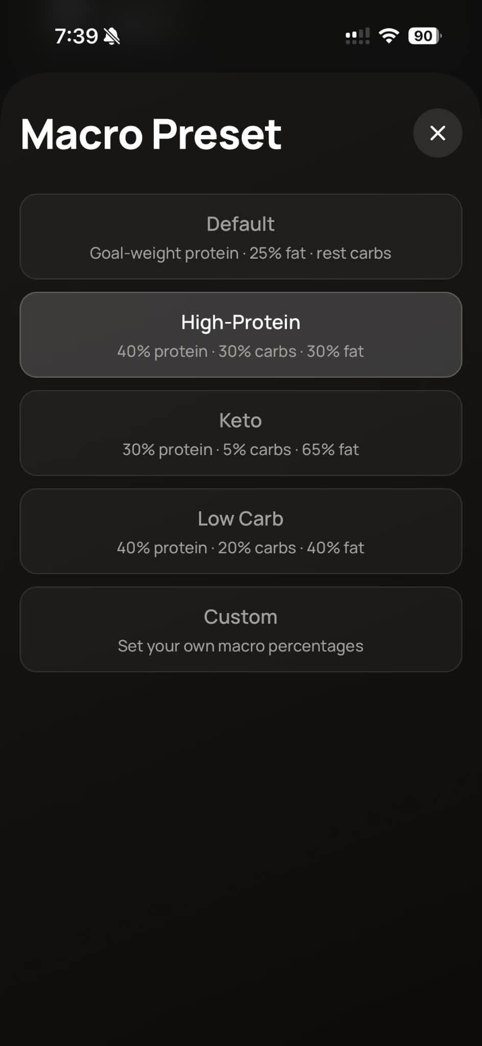 Diet plan presets screen