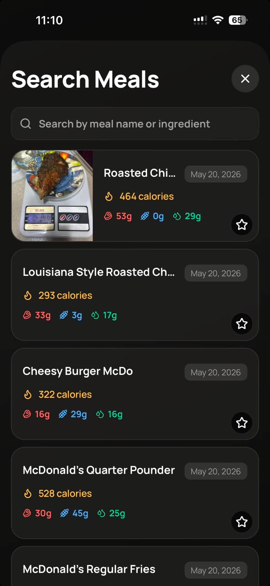 Recent previously logged food