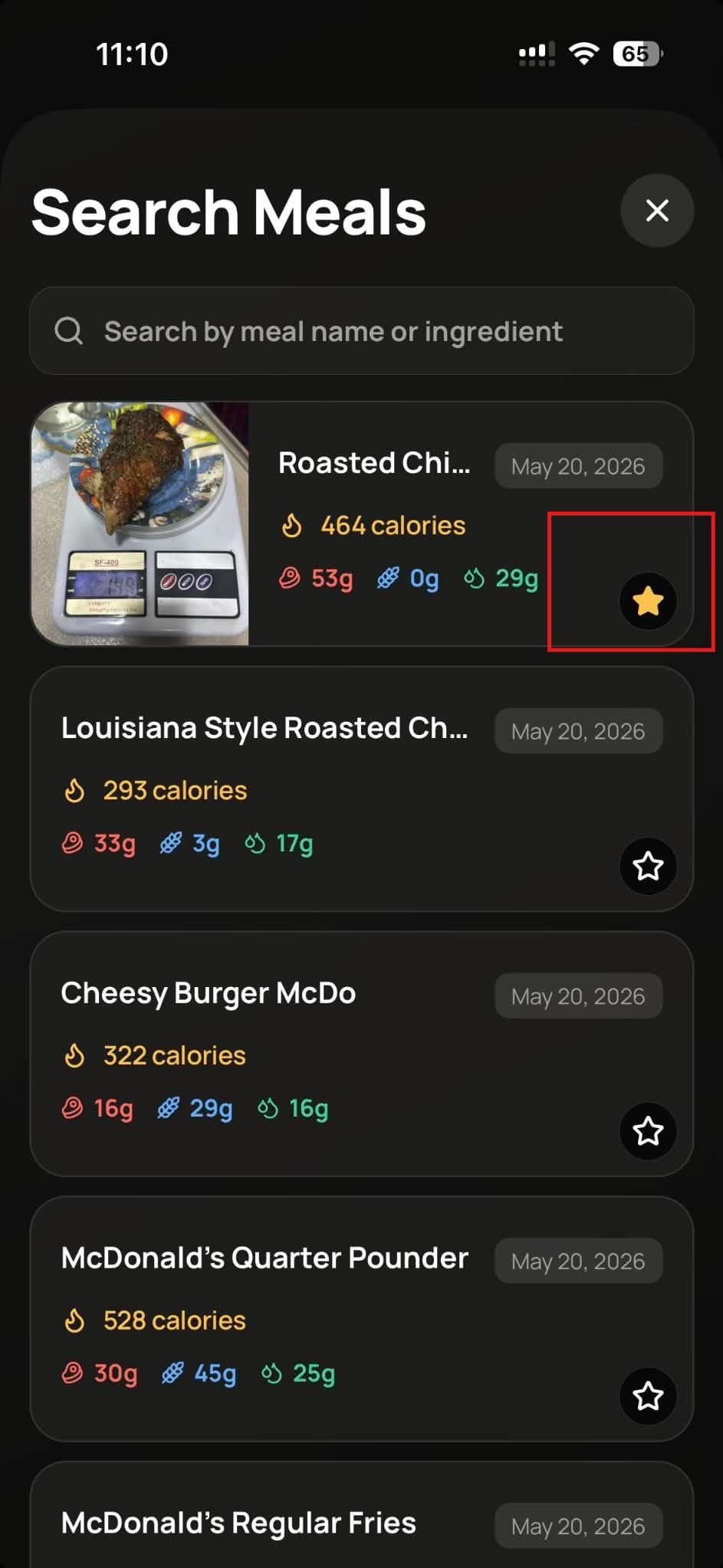 Favorite pinned meal in recent meals