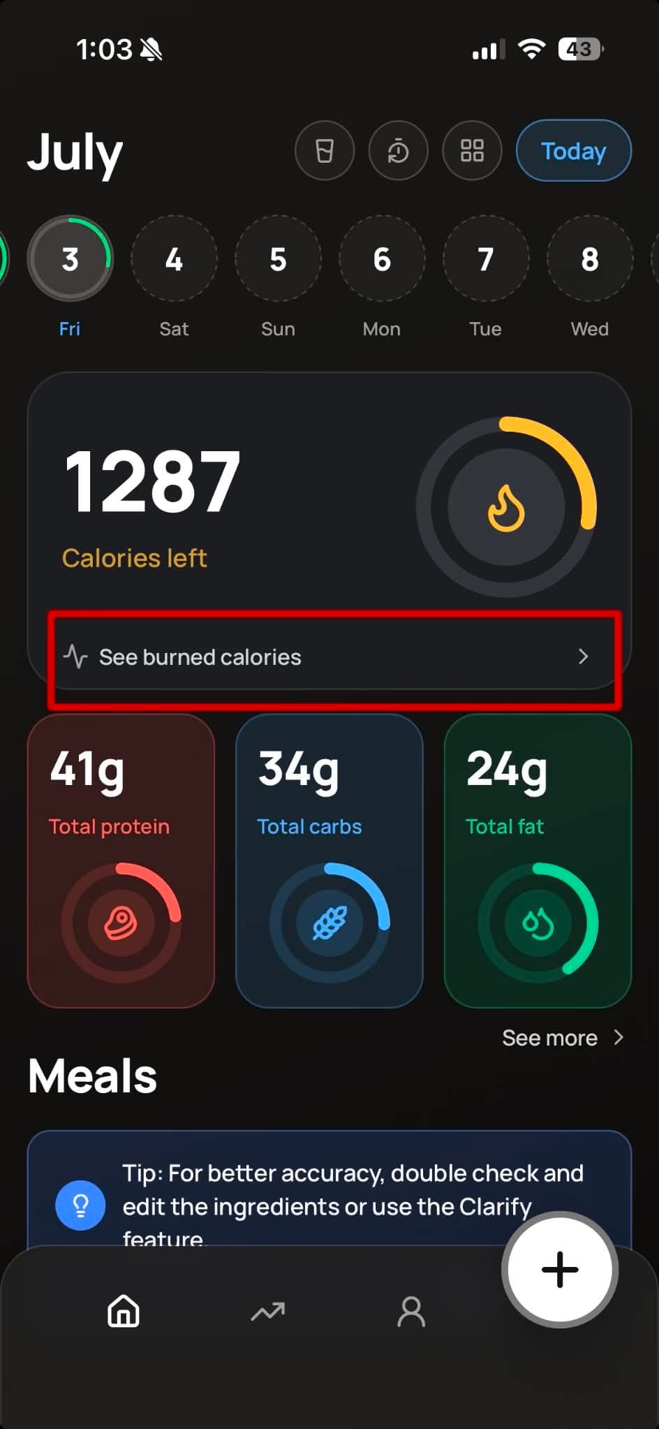 See burned calories on home screen