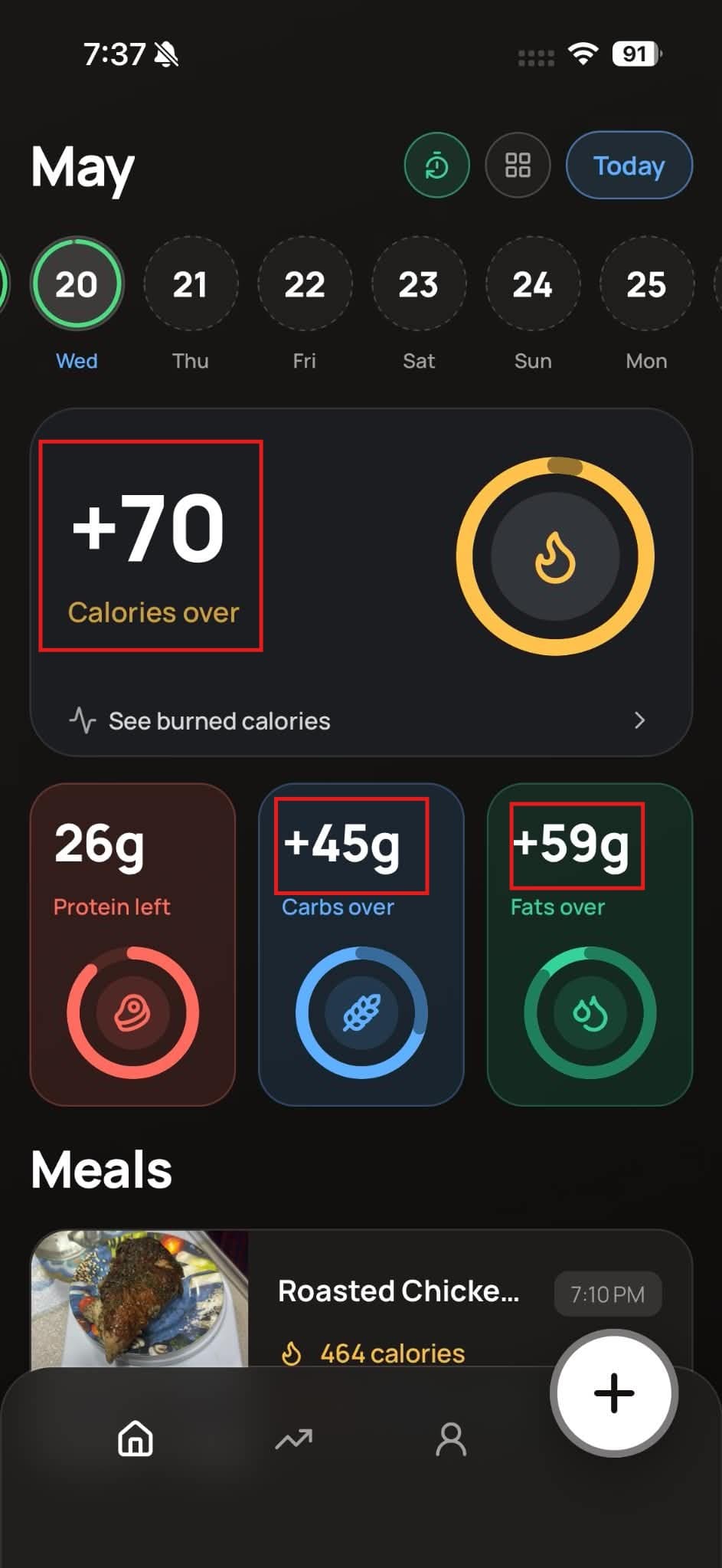 Home screen showing calorie surplus