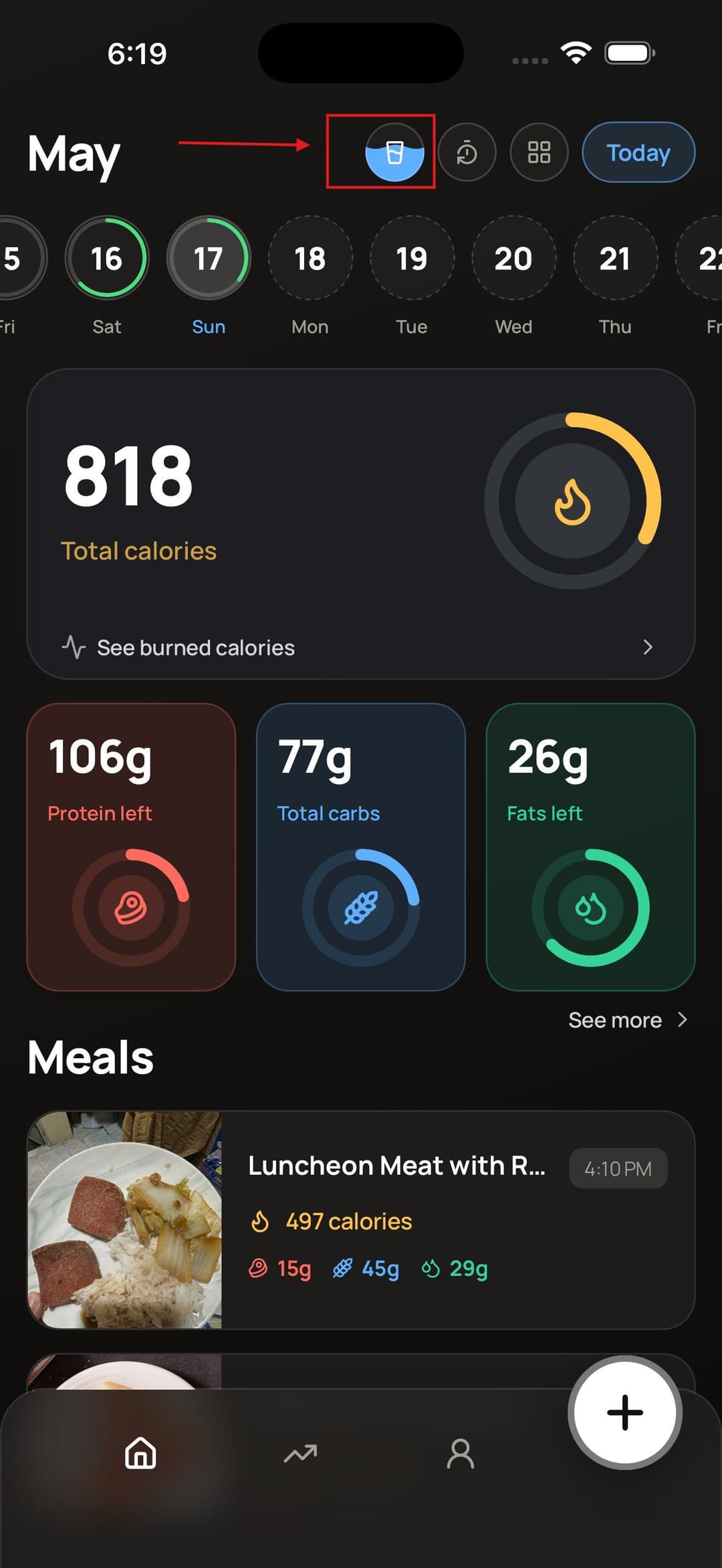 Water intake on home screen
