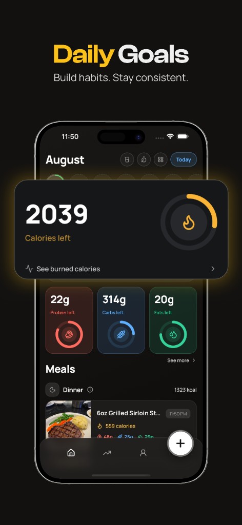 Home dashboard showing calories and macros left